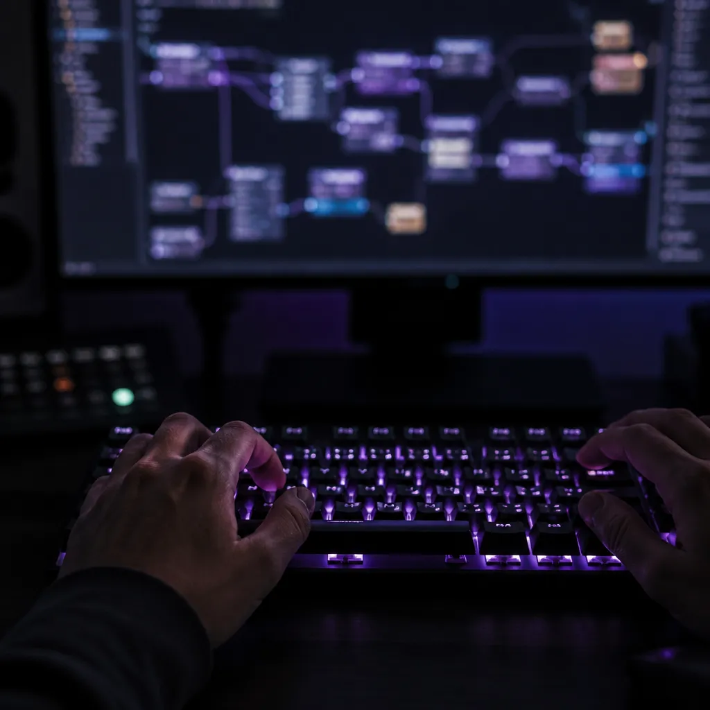 Mains sur un clavier rétroéclairé violet, schéma d'automatisation en nœuds flouté