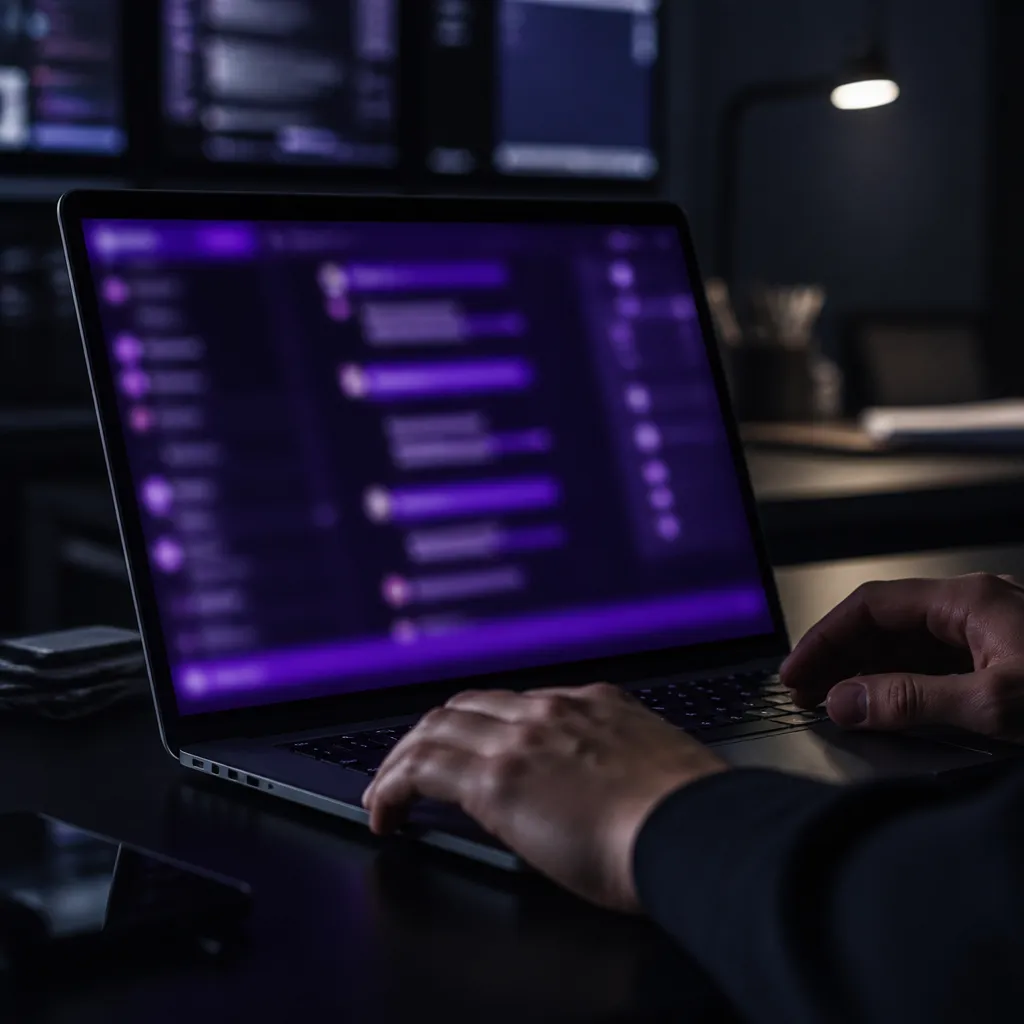 Ordinateur portable dans un bureau sombre, interface de conversation floutée à lueur violette